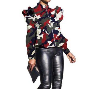 Red and Green Bomber Jacket with Abstract Pattern